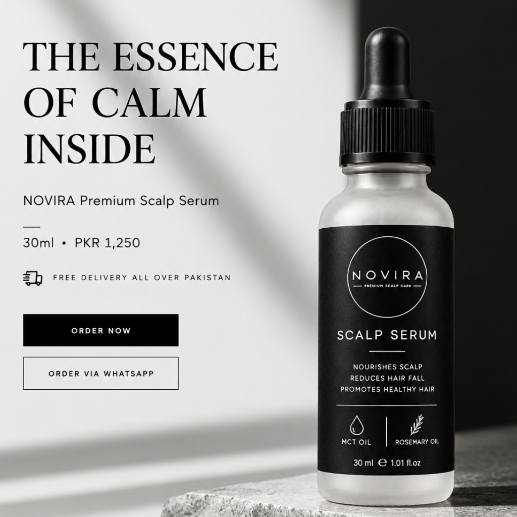 A promotional product image for Novira Scalp Serum showing a glass dropper bottle with a black label and black dropper cap, placed on a stone slab against a dark background with dramatic light shadows. Large text on the left reads 'THE ESSENCE OF CALM INSIDE' and includes order buttons and product details.